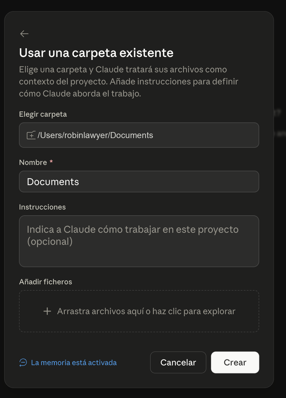 Formulario Usar una carpeta existente con ruta /Users/robinlawyer/Documents, nombre, instrucciones opcionales y botón Crear