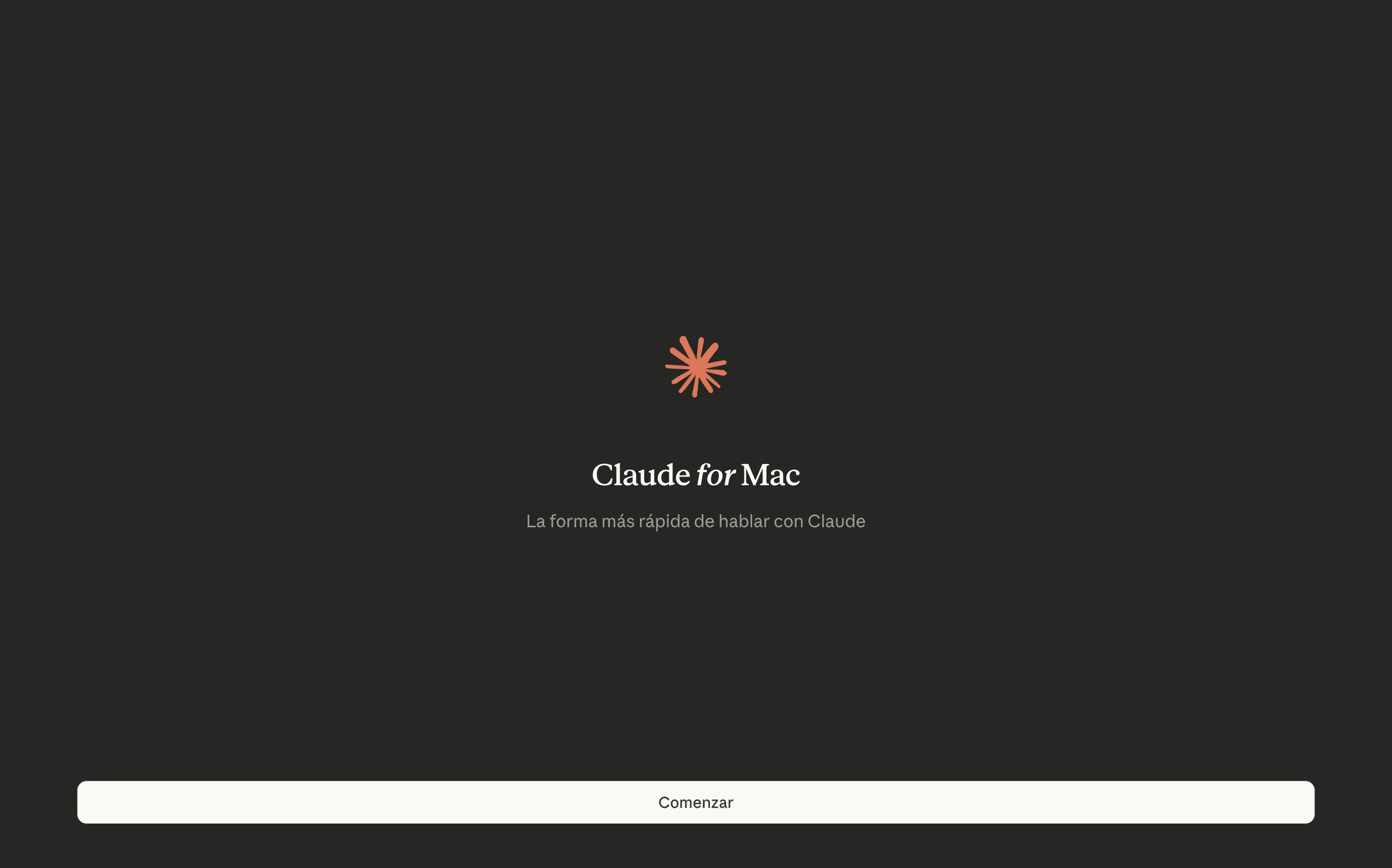 Pantalla de bienvenida de Claude for Mac con el botón Comenzar abajo