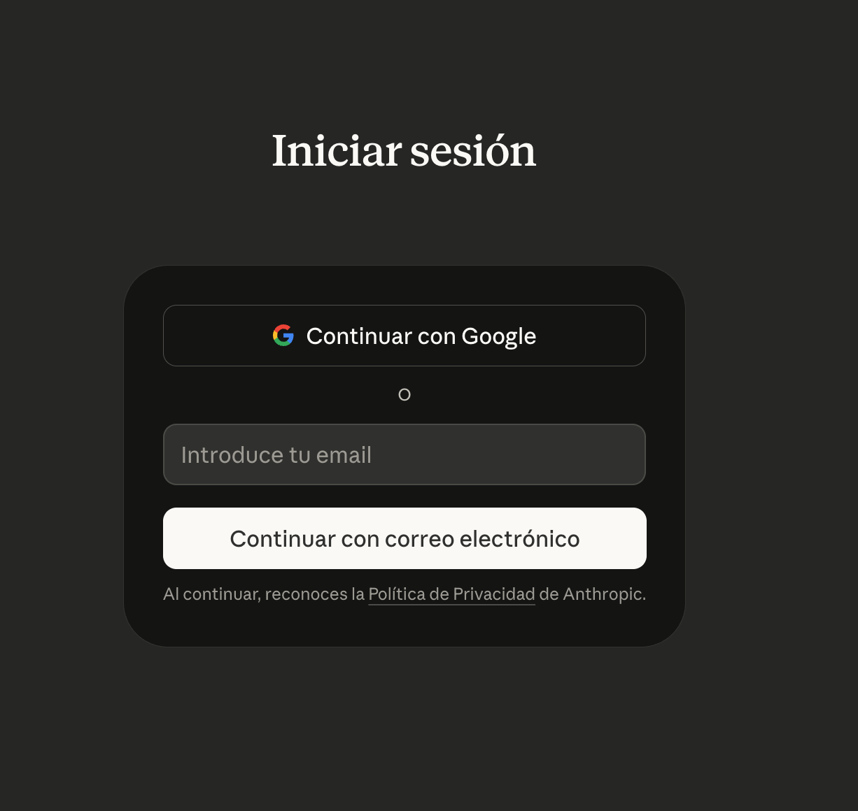Pantalla Iniciar sesión de Claude con botones Continuar con Google y Continuar con correo electrónico
