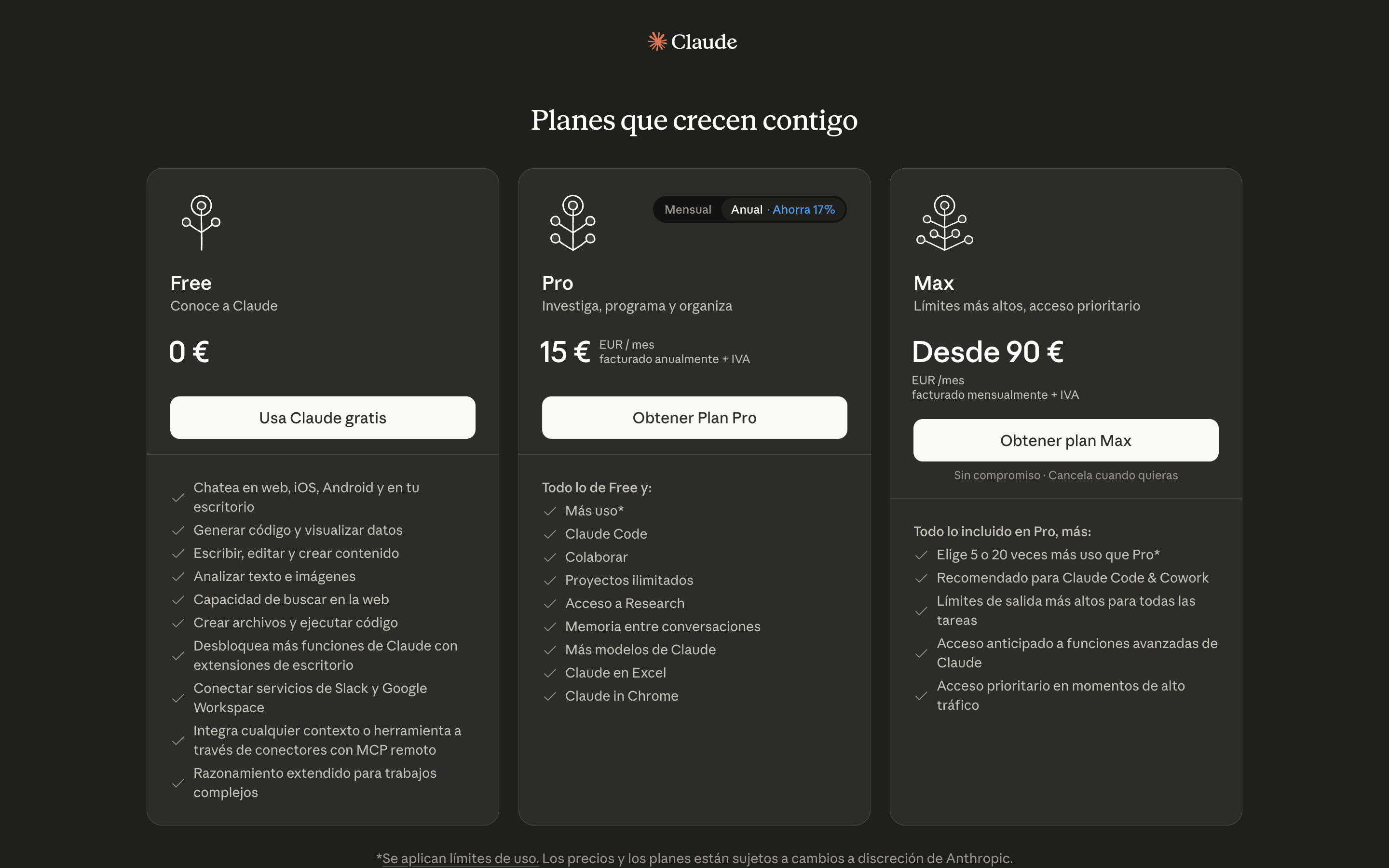 Página de planes de Claude: Free 0€, Pro 15€/mes, Max desde 90€/mes