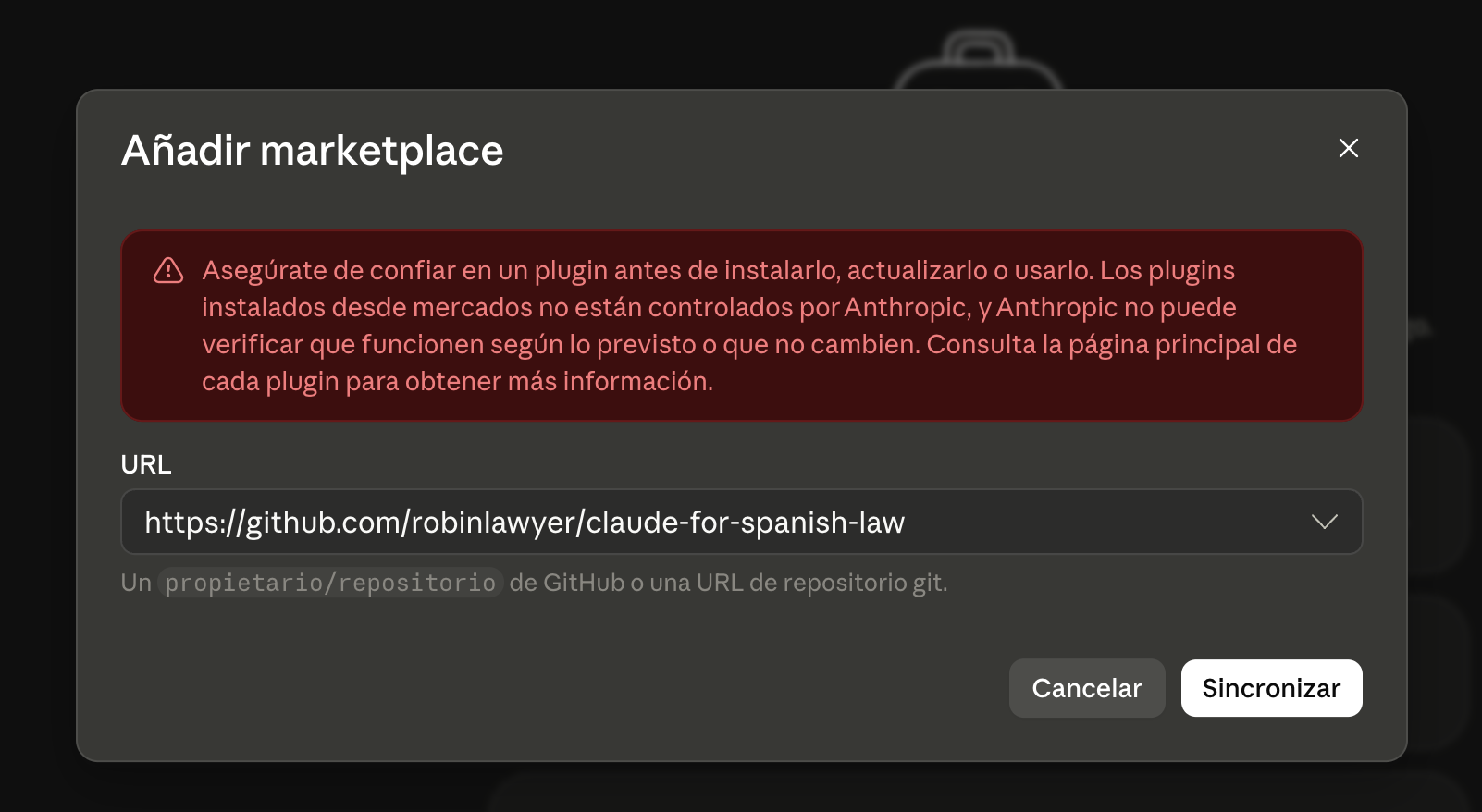 Modal Añadir marketplace con la URL https://github.com/robinlawyer/claude-for-spanish-law pegada y botón Sincronizar abajo a la derecha