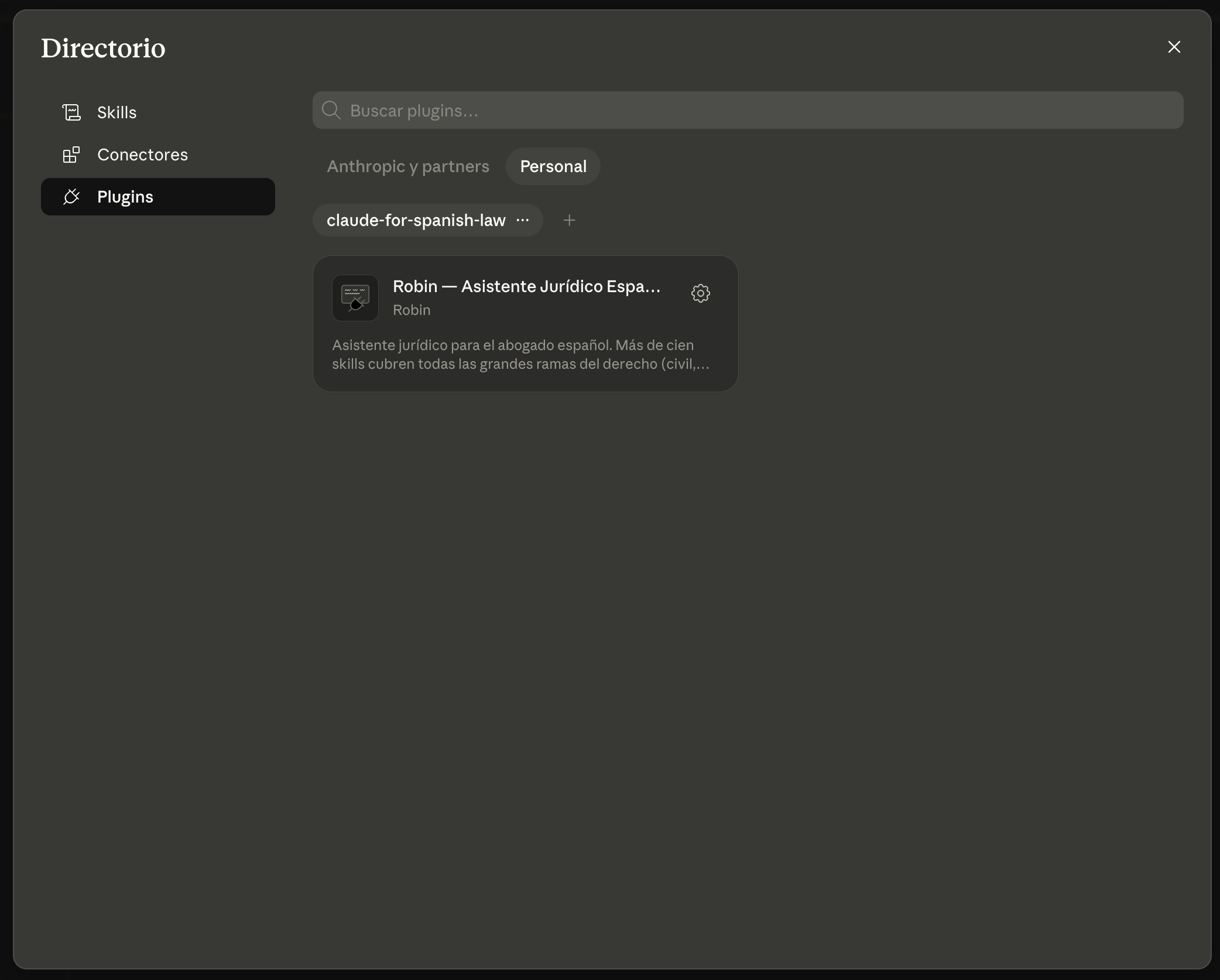 Ventana Directorio en la pestaña Plugins → Personal con la tarjeta Robin — Asistente Jurídico Español