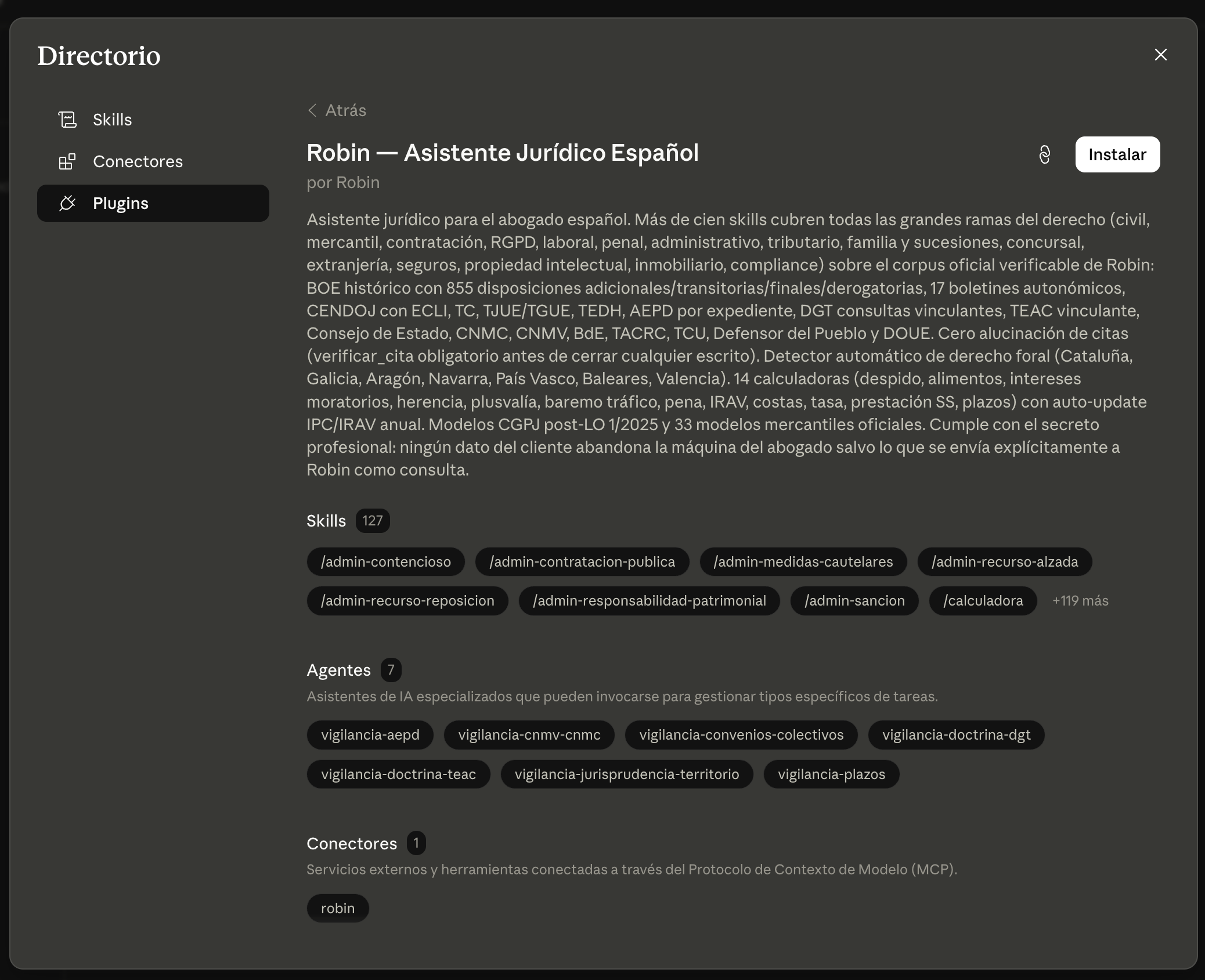Ficha del plugin Robin con el botón Instalar arriba a la derecha