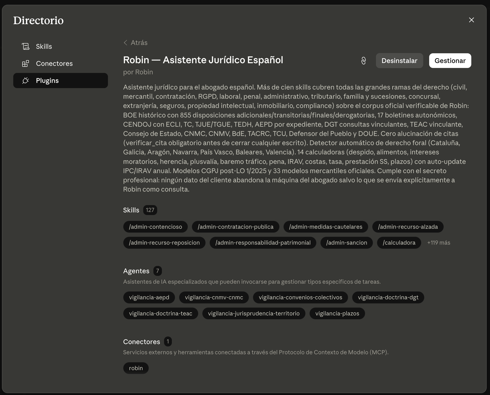 Ficha de Robin tras instalarlo, con los botones Desinstalar y Gestionar arriba a la derecha