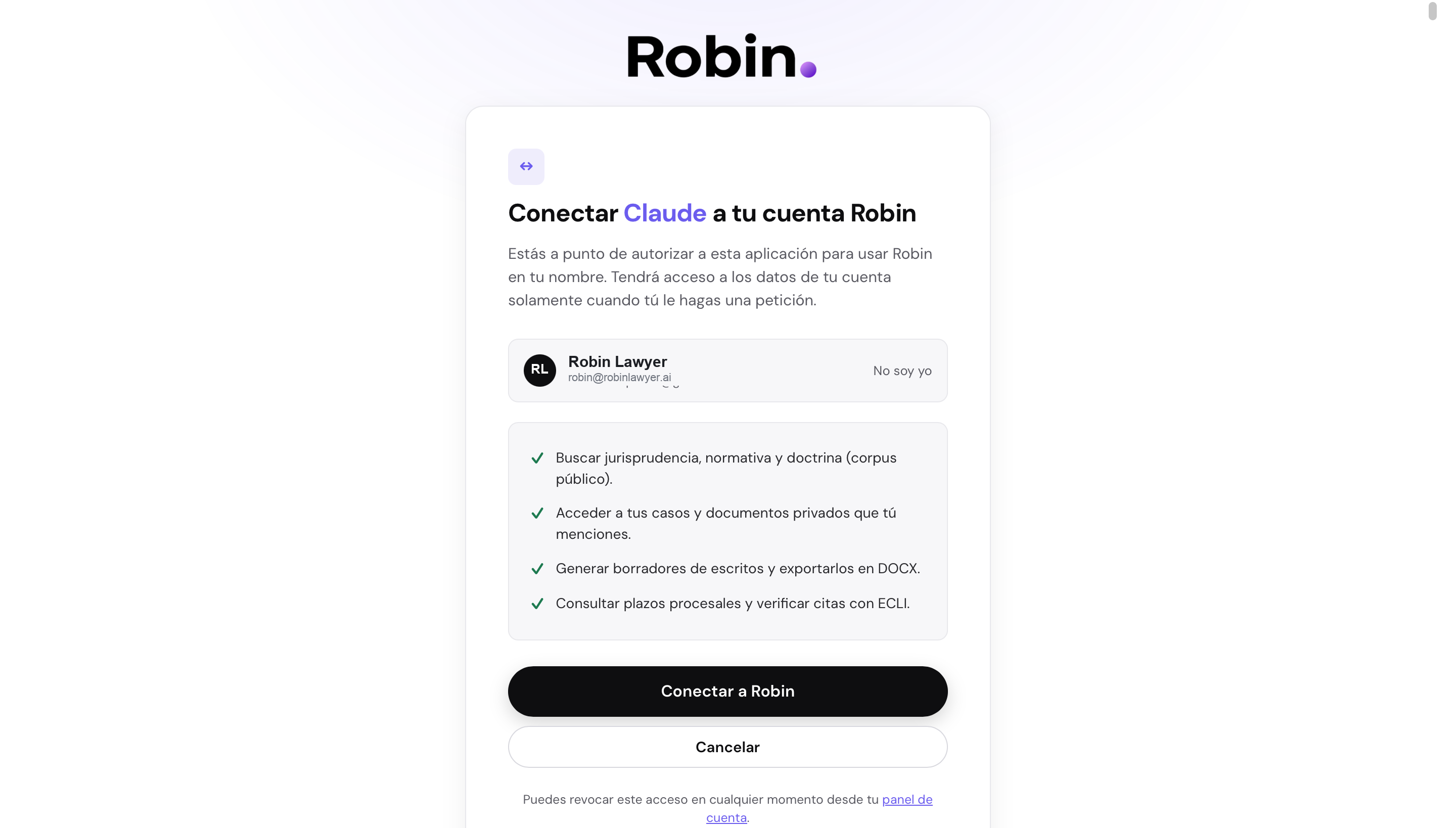 Pantalla de autorización OAuth Conectar Claude a tu cuenta Robin con el botón Conectar a Robin
