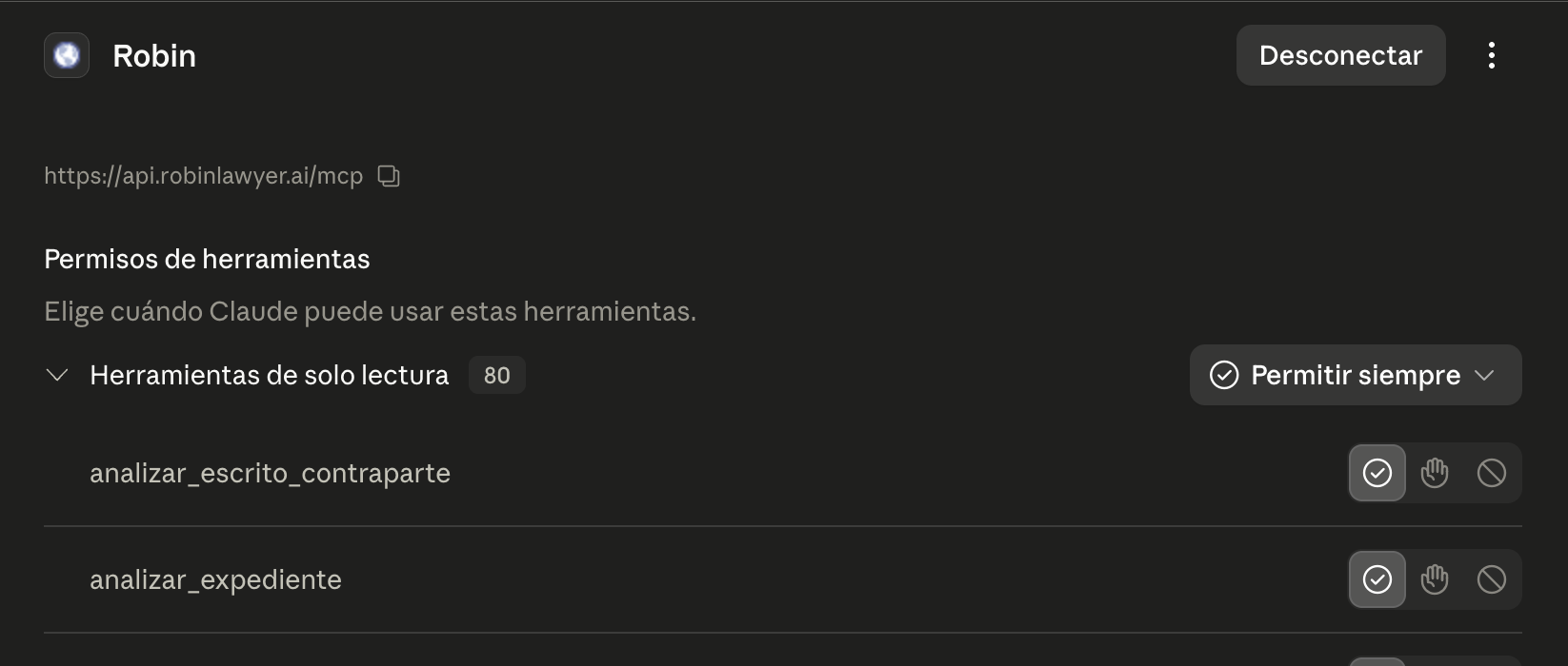 Cabecera Herramientas de solo lectura 80 con el desplegable Permitir siempre a la derecha